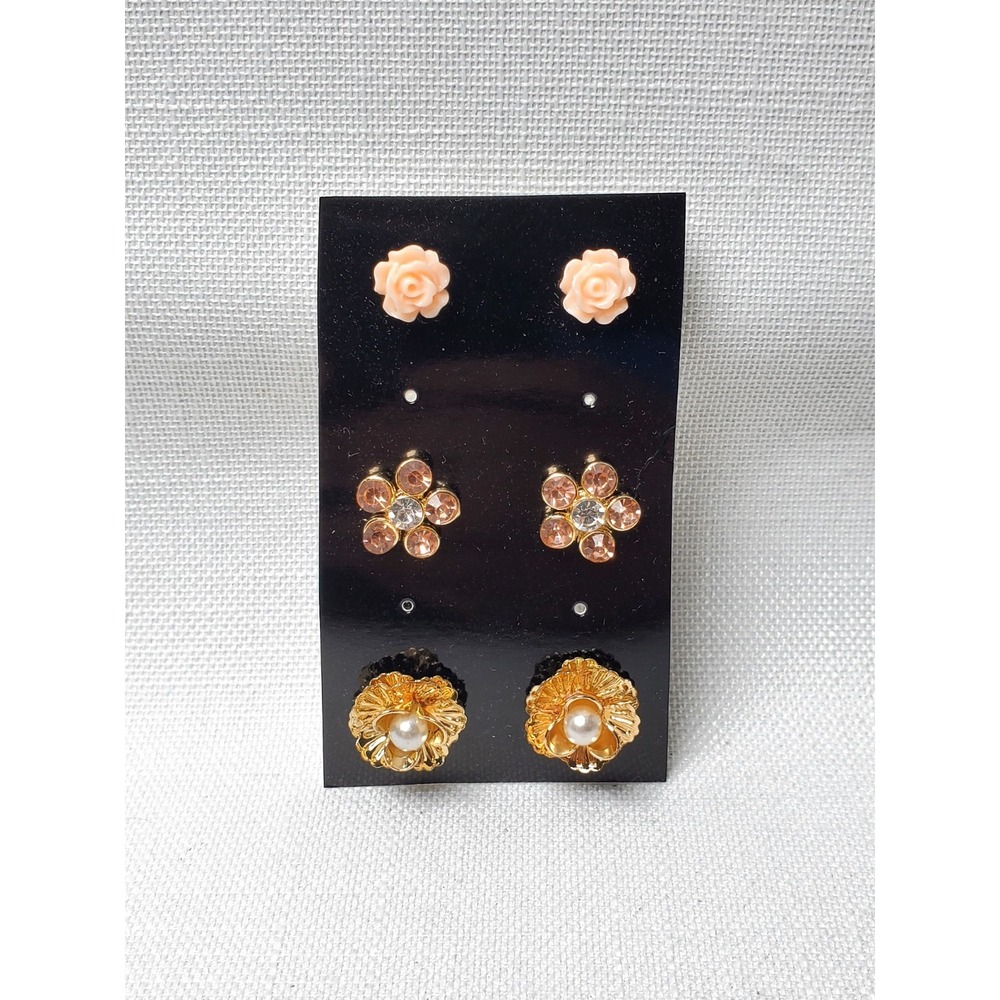 Lot of 3 Pairs Vintage Gold Tone Stud Earrings Floral Rose Rhinestone Faux Pearl